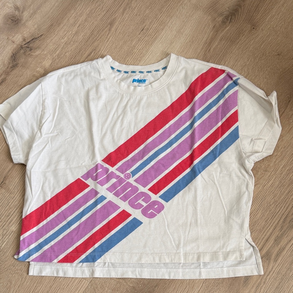 Prince White Tee with Pink, Purple & Blue Diagonal Stripes